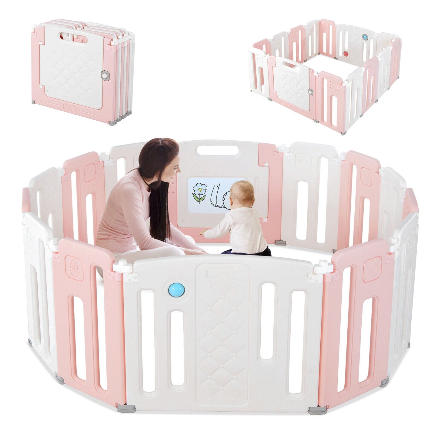 14 Panels Kids Safety Activity Play Center with Drawing Board - Pink
