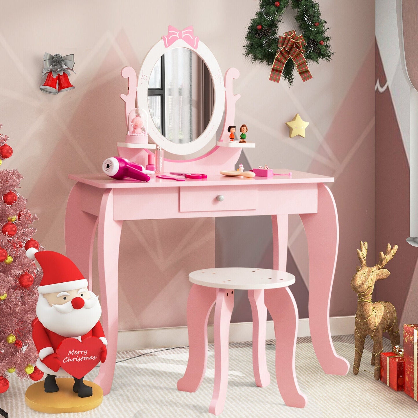 Conjunto de Mesa de Tocador y Taburete para Niños con Espejo Rotatorio - Rosa