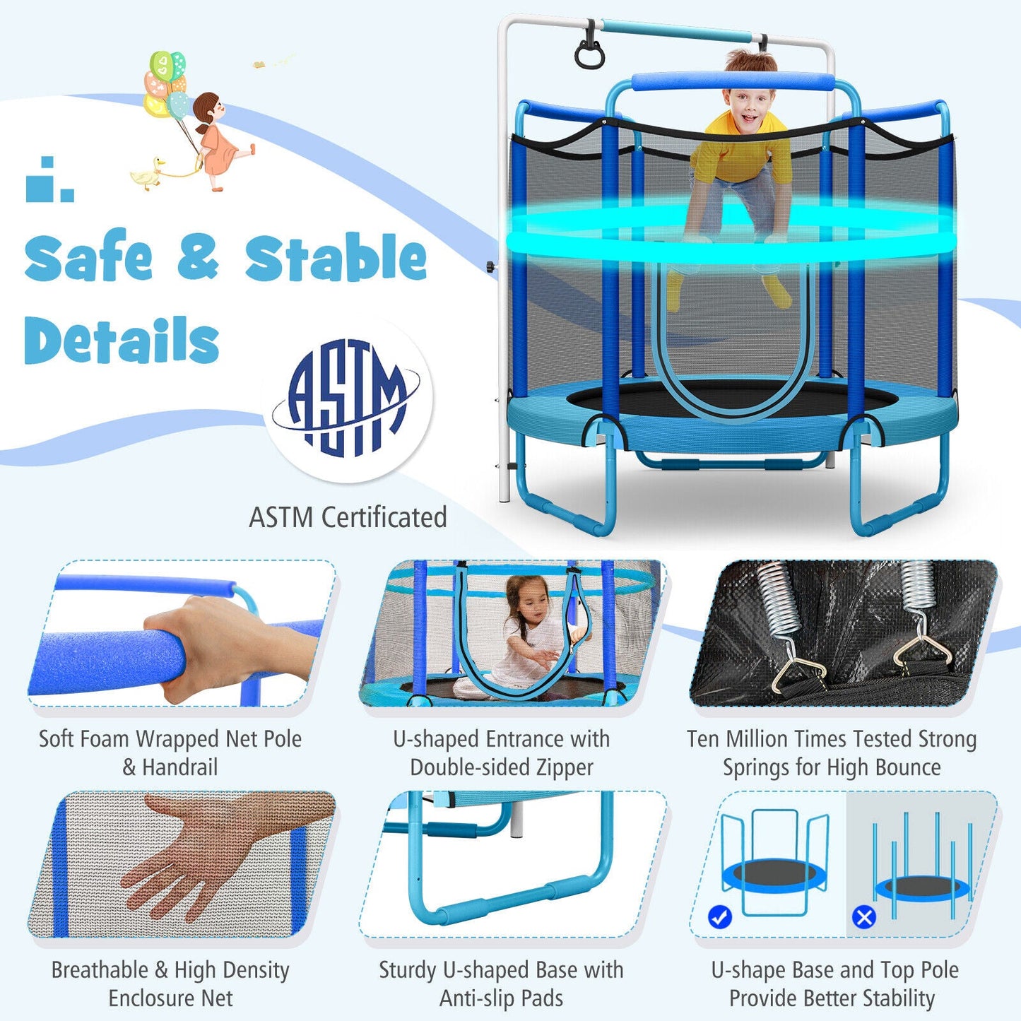 Trampoline de jeu 3-en-1 pour enfants de 1,5 m avec filet de sécurité - Bleu