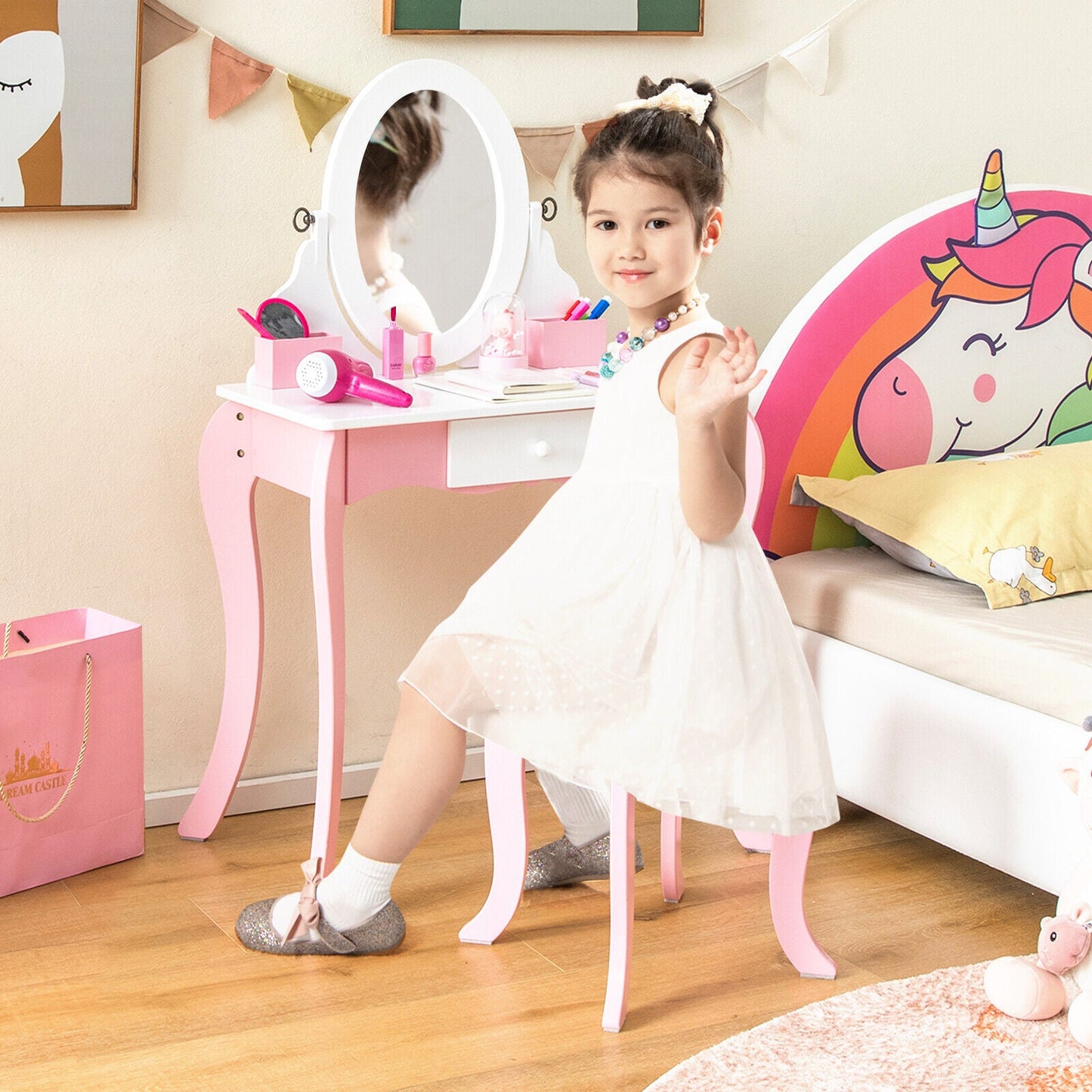 Ensemble de coiffeuse pour enfants Gbruno avec miroir rotatif à 360°