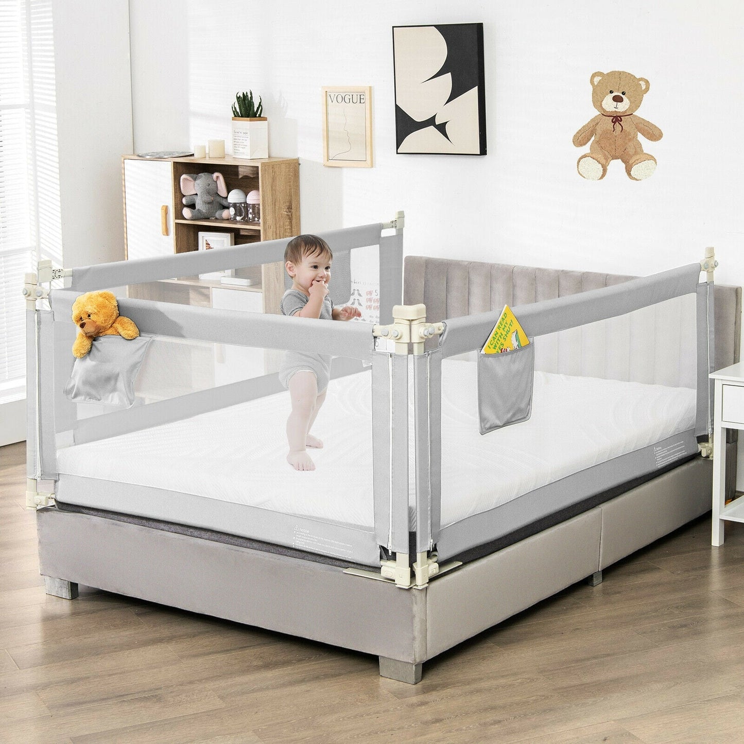 69.5 Inches Toddler Bedrail with Anti-Collision Cotton - Gray