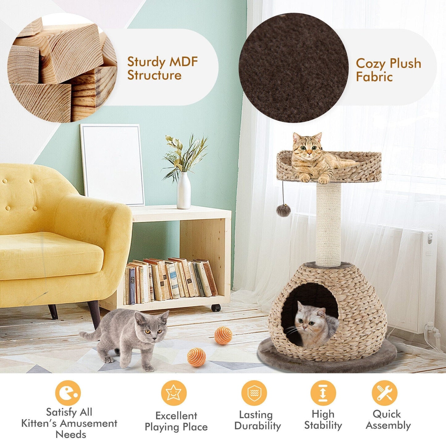 Arbre à chat fait main de 28 pouces avec plateforme de saut - Café