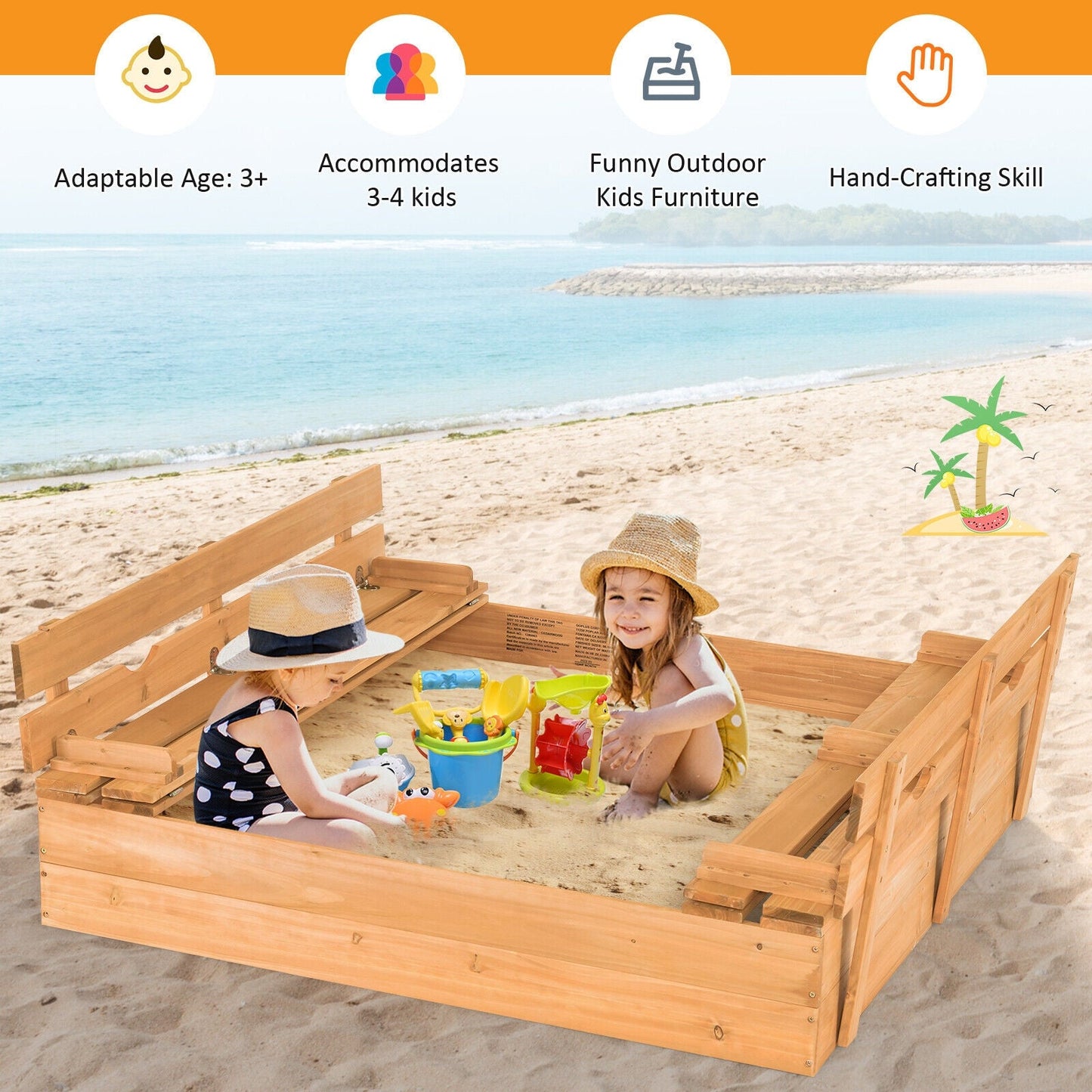 Kids Wooden Sandbox with Foldable Bench Seats