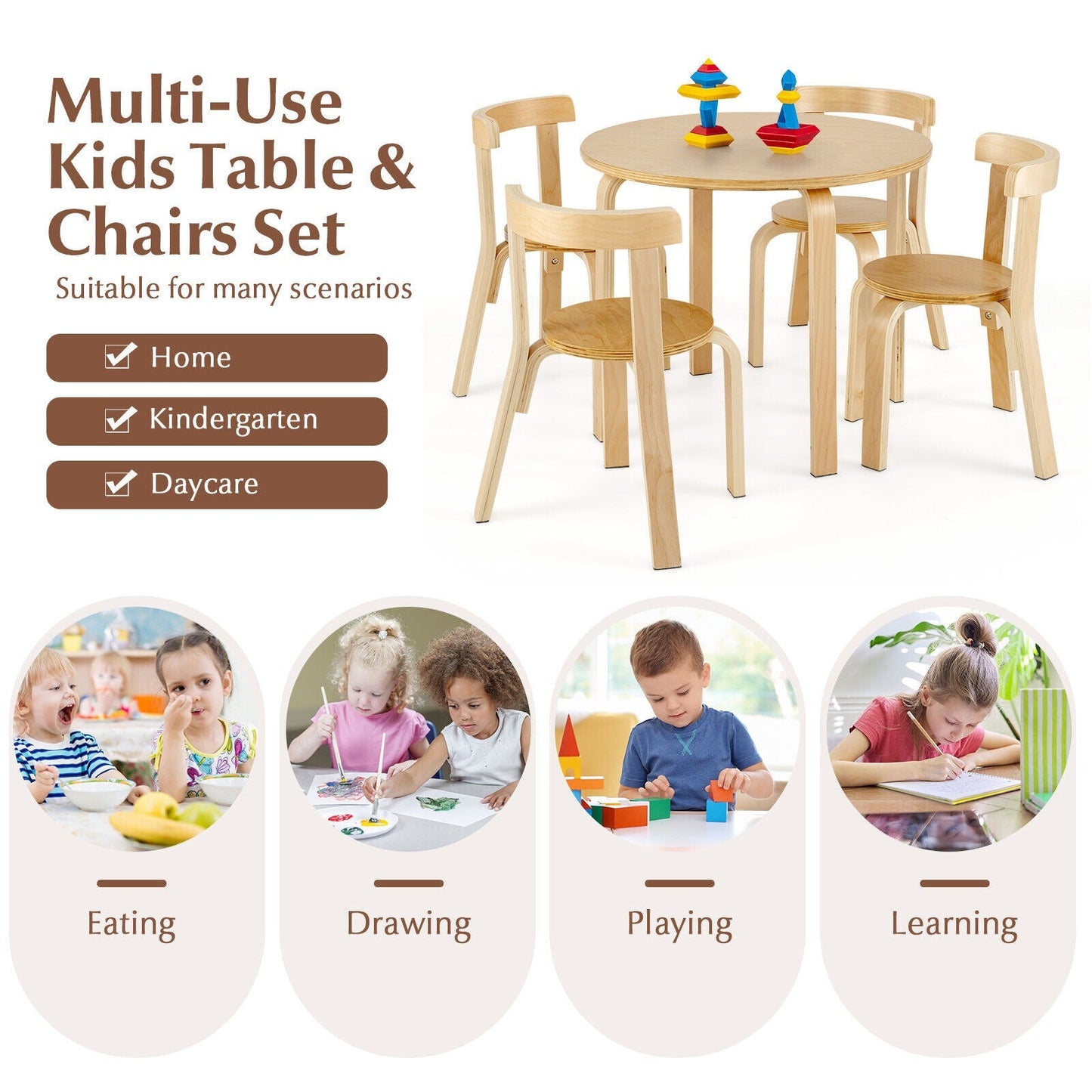 5-Piece Kids Wooden Activity Table and Chair Set - Natural