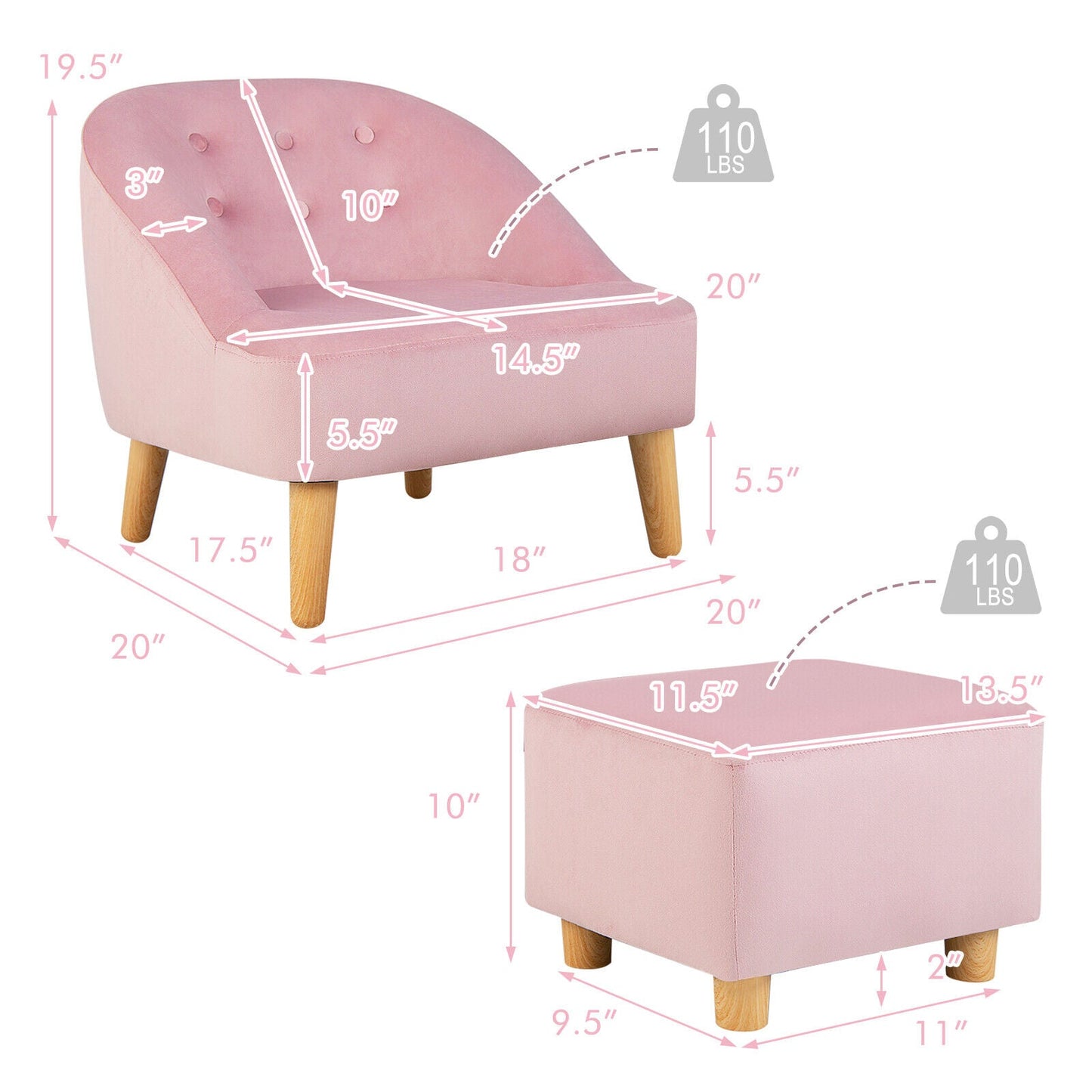 Soft Velvet Kids Sofa Chair with Ottoman - Pink
