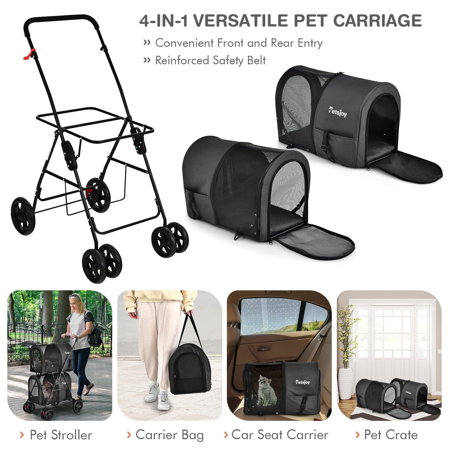 Carrito para Mascotas Doble 4 en 1 con Transportín Desmontable - Negro