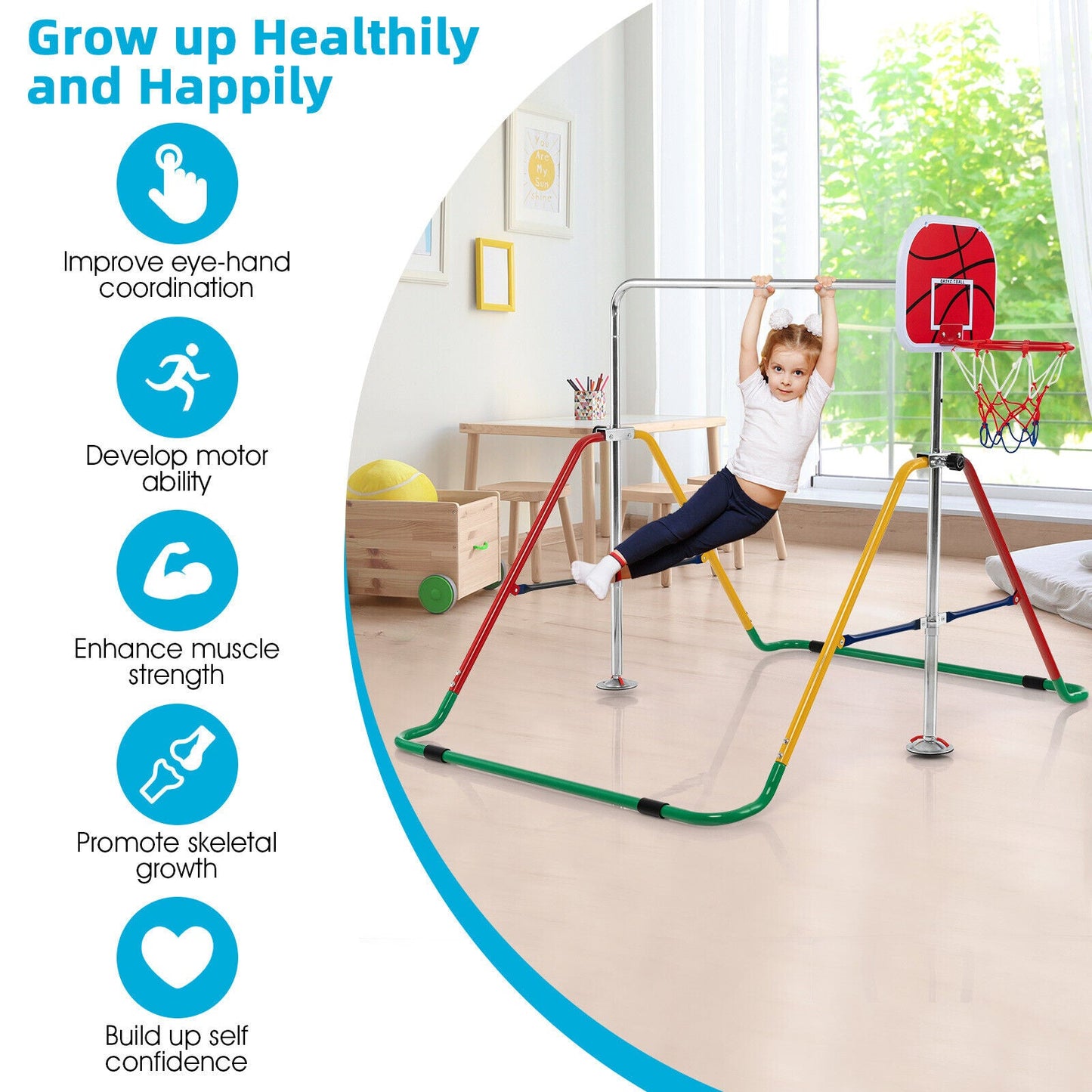 Kids Folding Horizontal Bar with Adjustable Heights - Multicolor