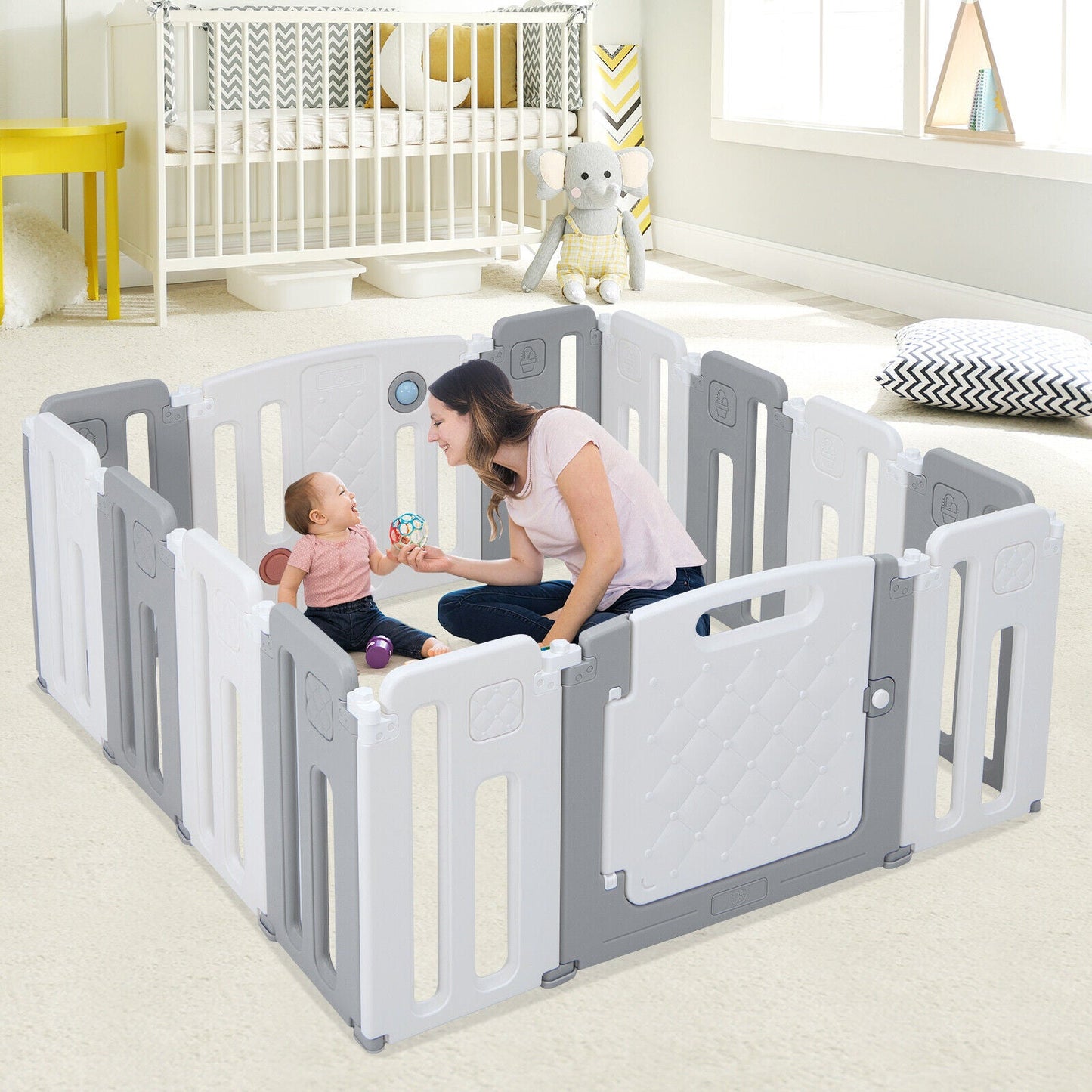14 Panels Kids Safety Activity Play Center with Drawing Board - Gray