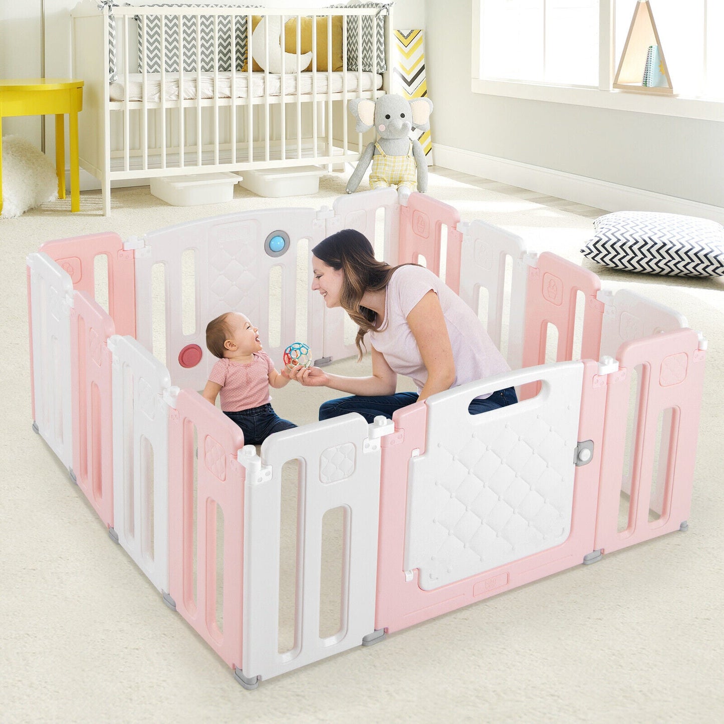 14 Panels Kids Safety Activity Play Center with Drawing Board - Pink