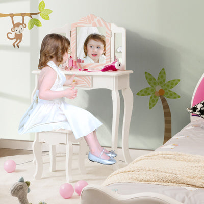 2-in-1 Kids Vanity Table Set with Tri-folding Mirror - Pink