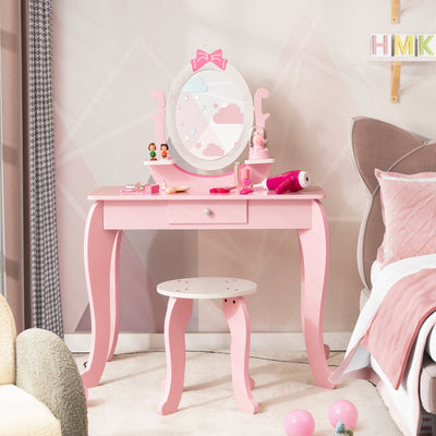 Conjunto de Mesa de Tocador y Taburete para Niños con Espejo Rotatorio - Rosa