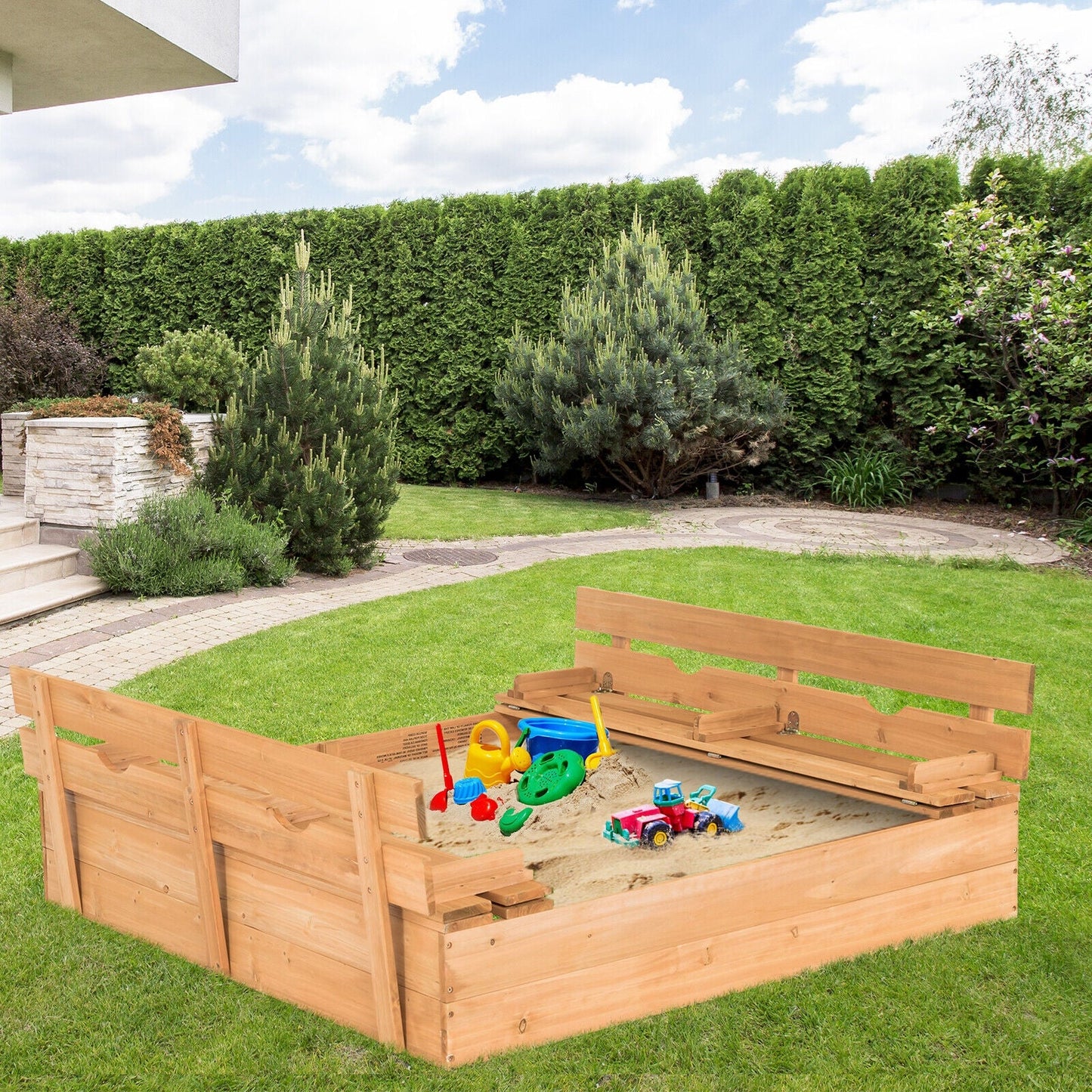 Kids Wooden Sandbox with Foldable Bench Seats