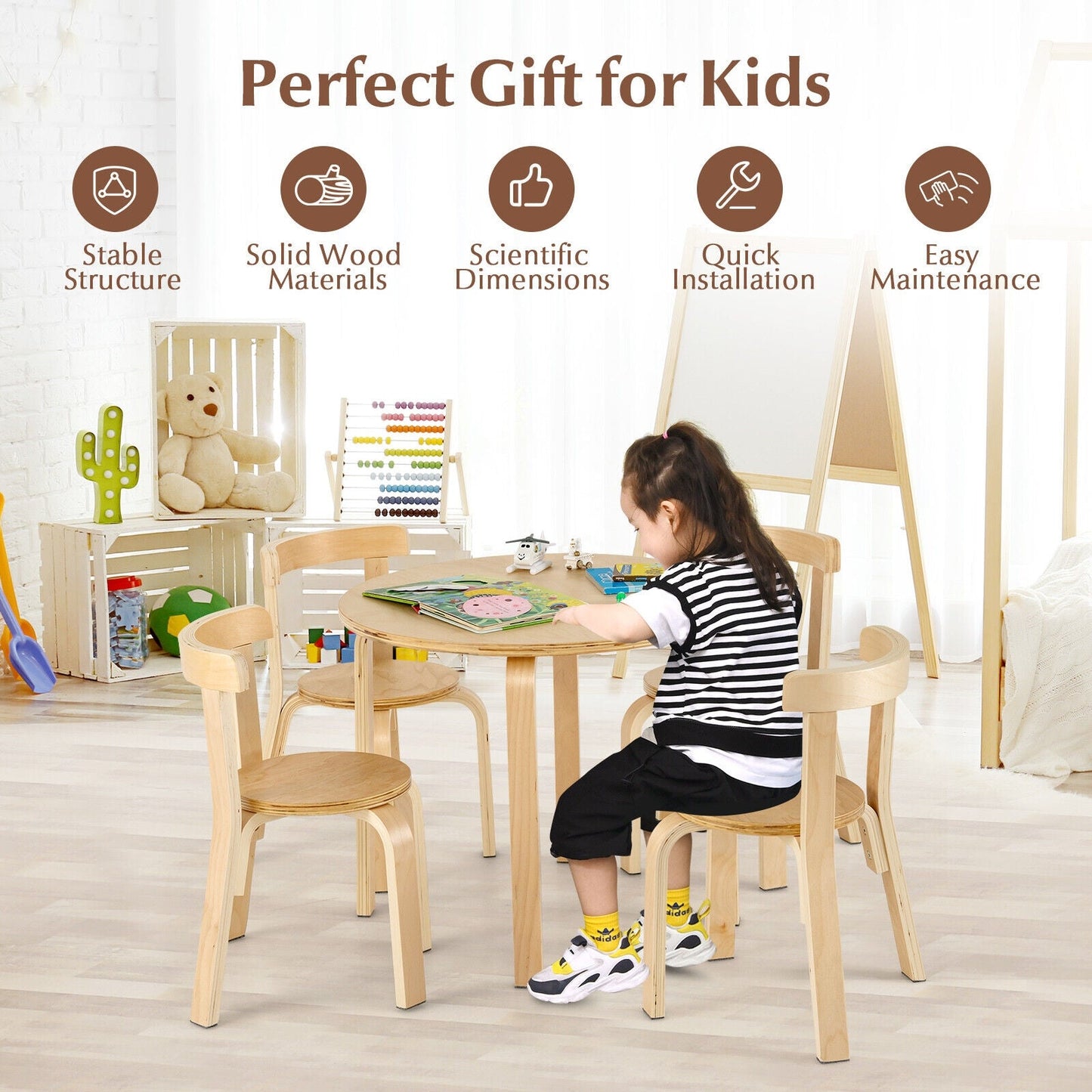 5-Piece Kids Wooden Activity Table and Chair Set - Natural