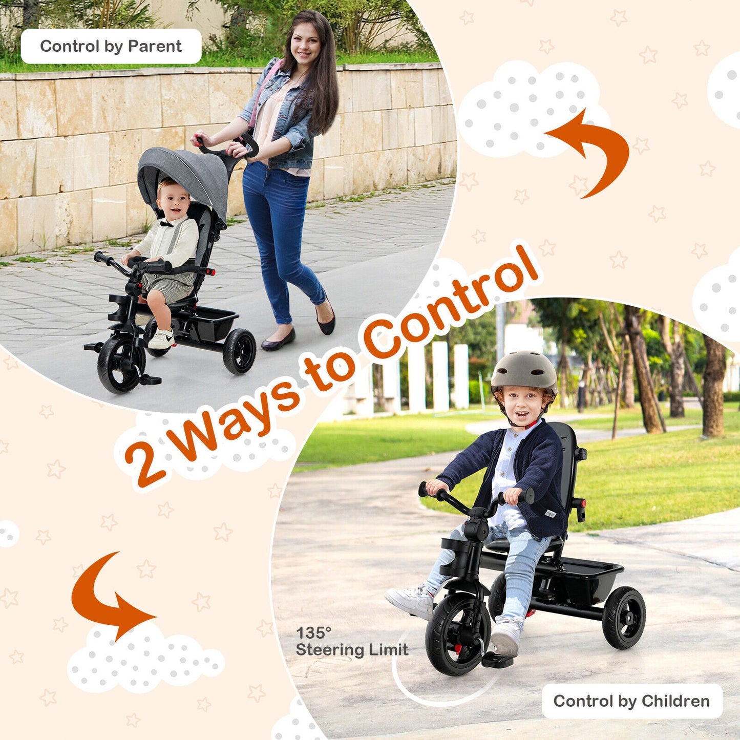 4-in-1 Baby Tricycle Toddler Trike - Gray