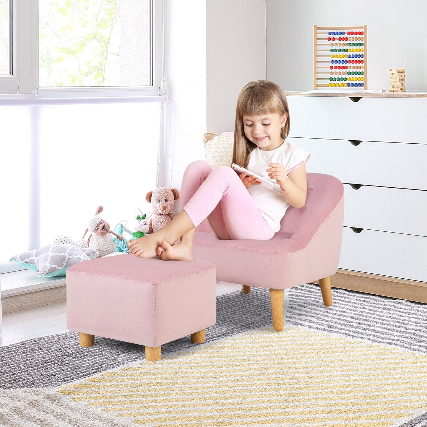 Soft Velvet Kids Sofa Chair with Ottoman - Pink
