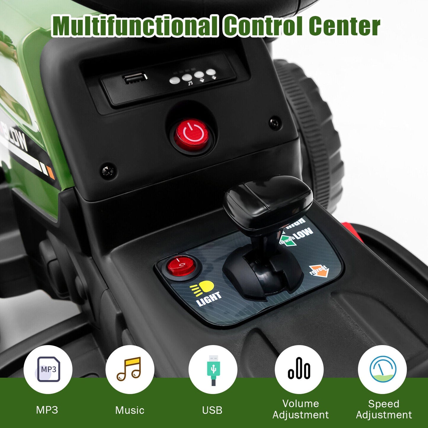 Tractor Eléctrico de 12V con Cargador para Niños de 3 Años en Adelante - Verde Oscuro