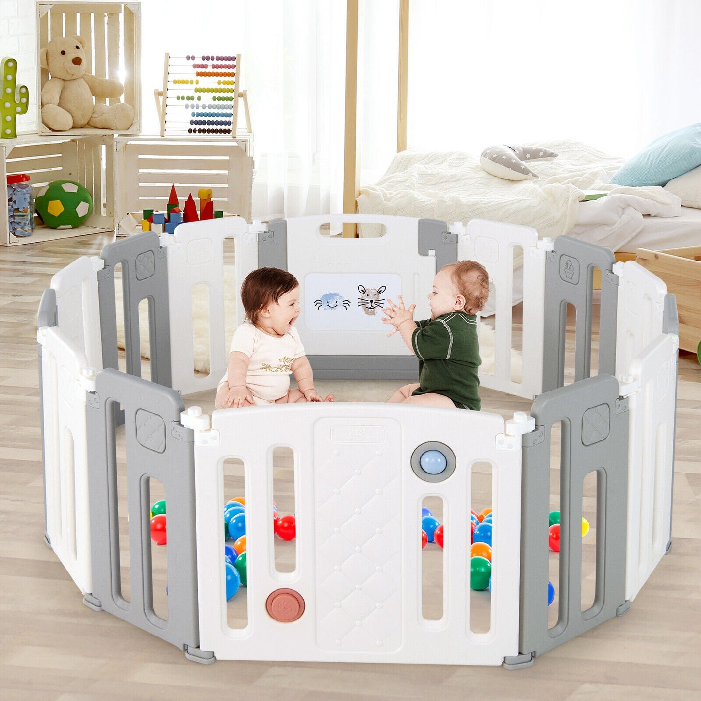 14 Panels Kids Safety Activity Play Center with Drawing Board - Gray
