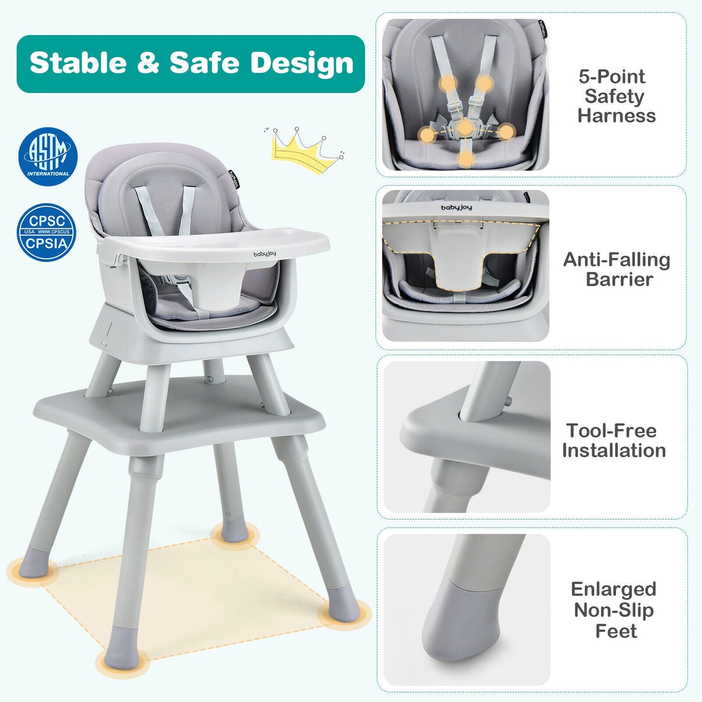 6-in-1 Convertible Baby High Chair - Gray