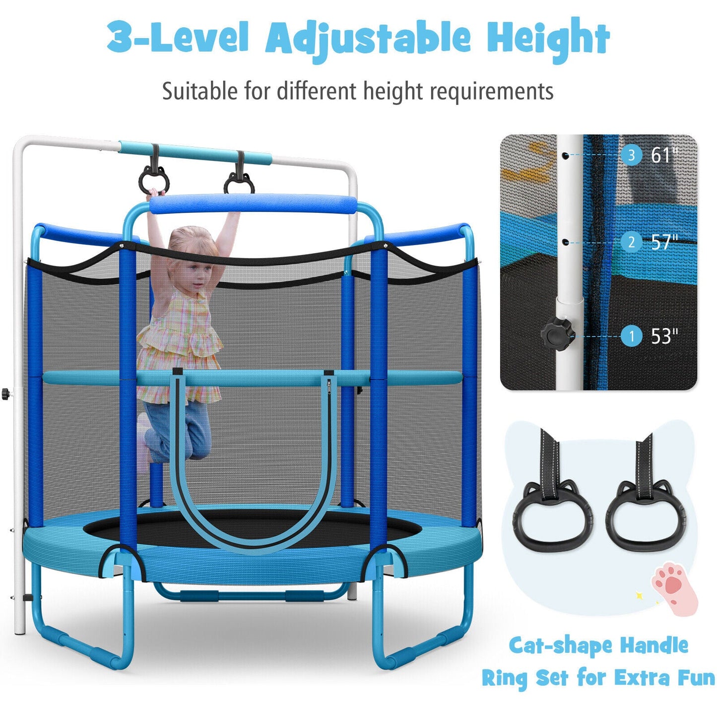 Trampoline de jeu 3-en-1 pour enfants de 1,5 m avec filet de sécurité - Bleu