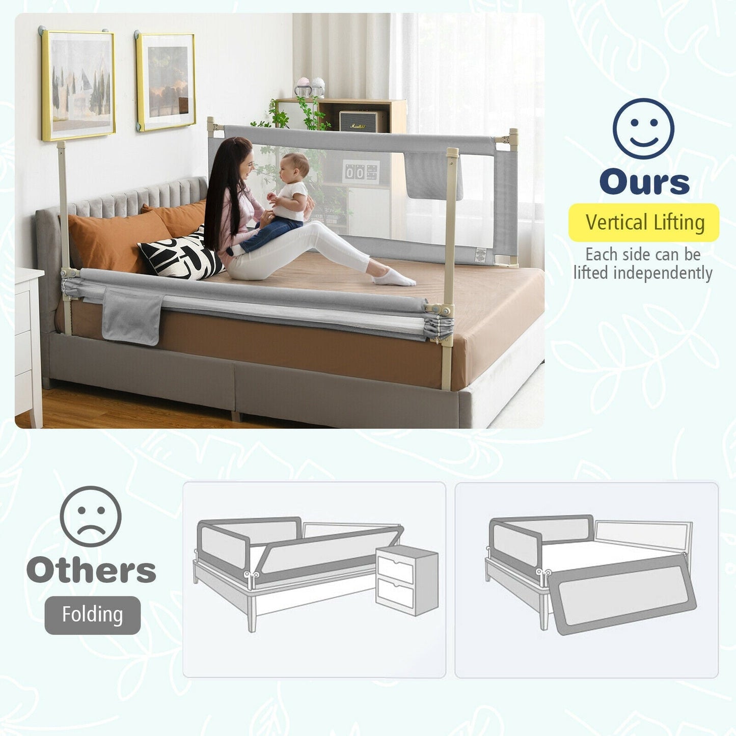 69.5 Inches Toddler Bedrail with Anti-Collision Cotton - Gray