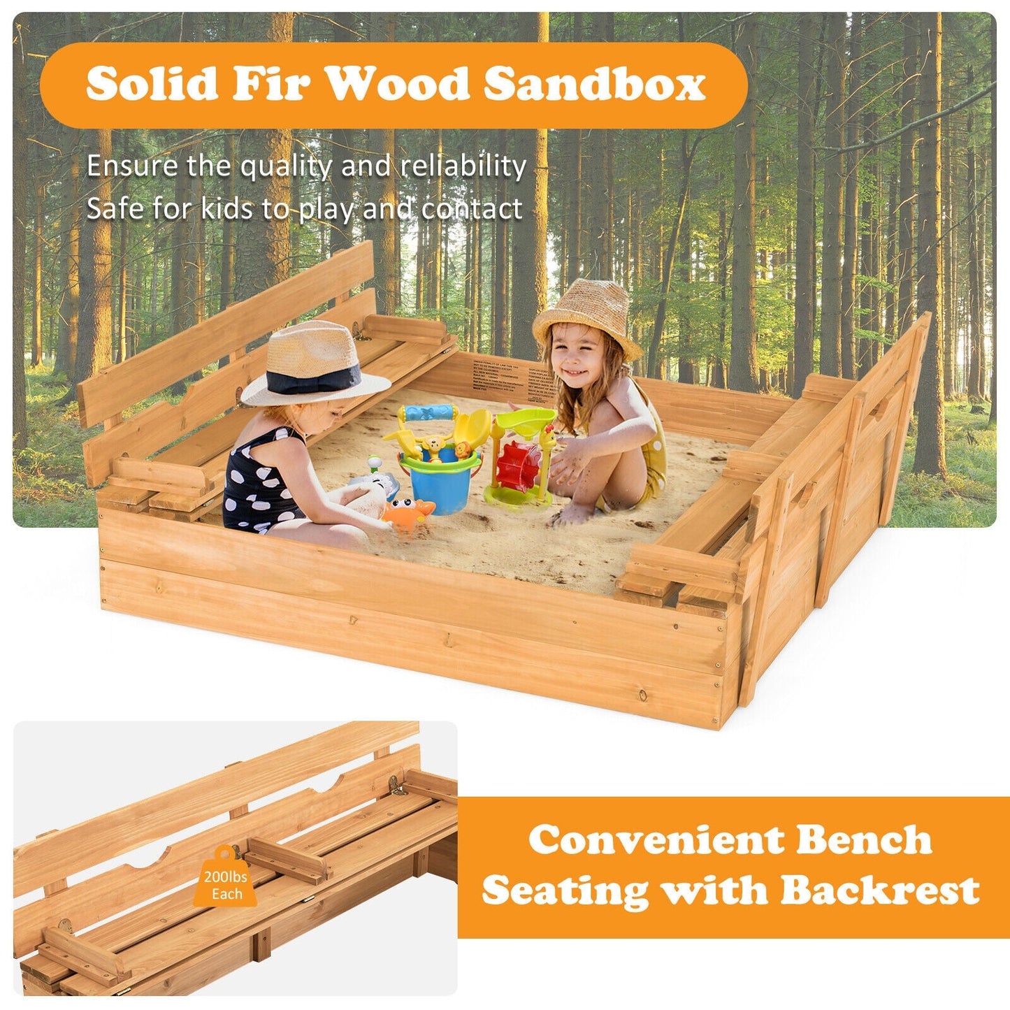 Kids Wooden Sandbox with Foldable Bench Seats