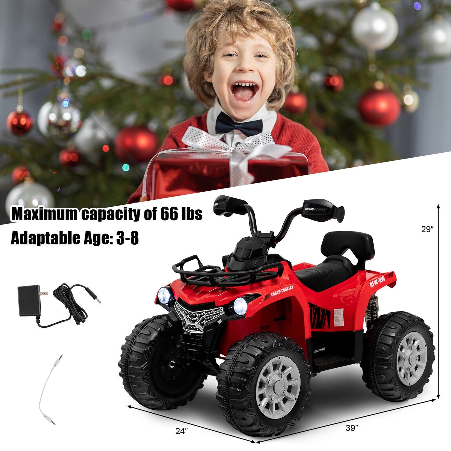 12V Kids Ride On ATV 4 Wheeler with MP3 and Headlights - Red