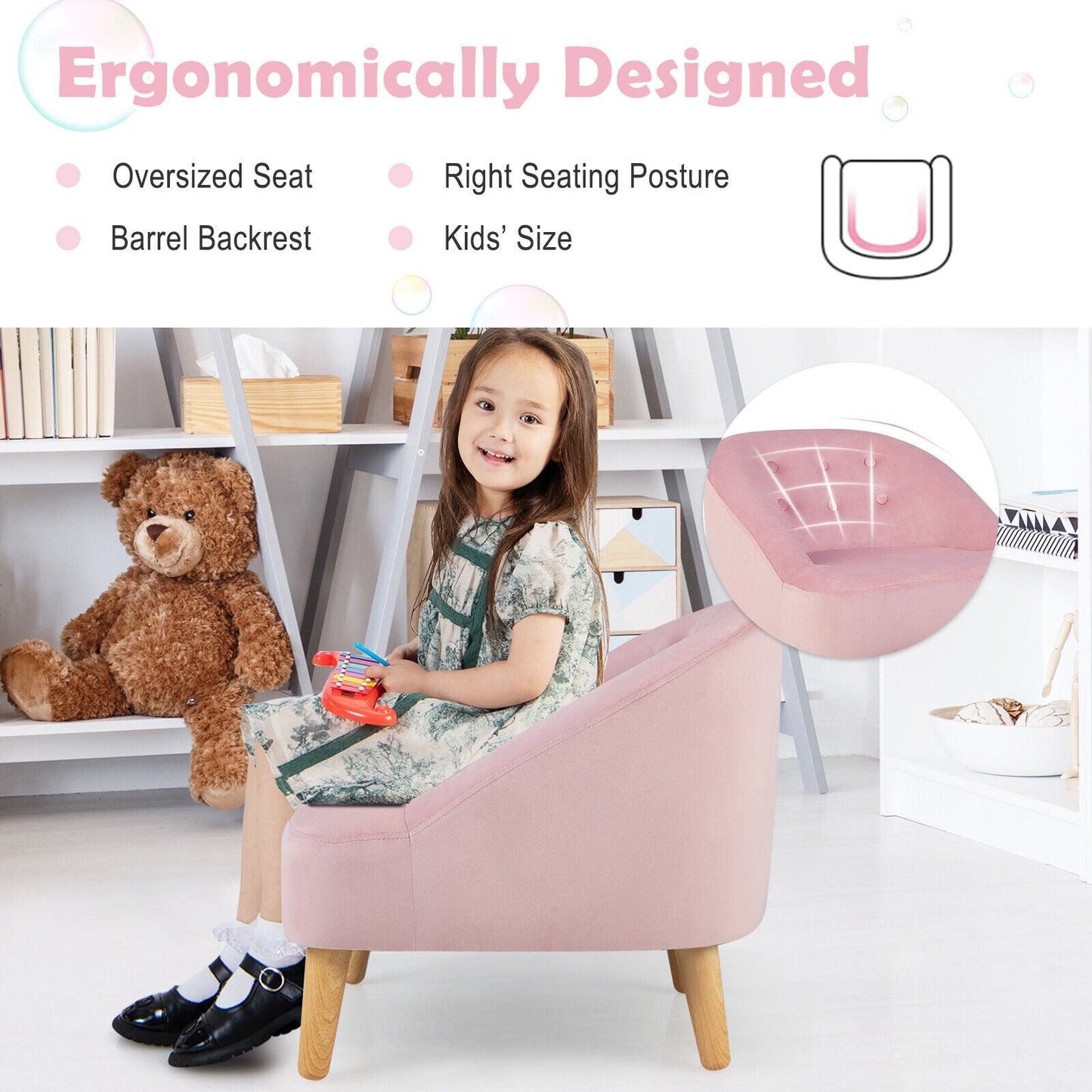 Soft Velvet Kids Sofa Chair with Ottoman - Pink
