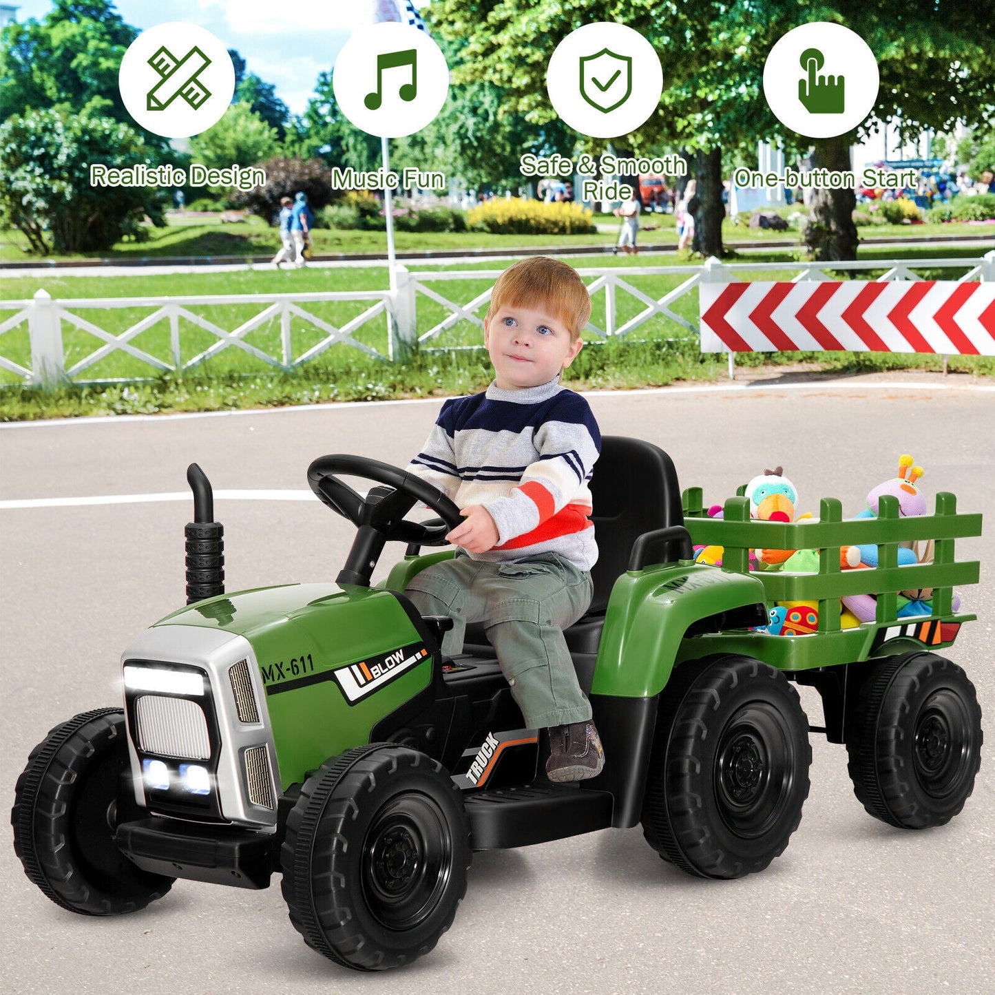Tractor Eléctrico de 12V con Cargador para Niños de 3 Años en Adelante - Verde Oscuro