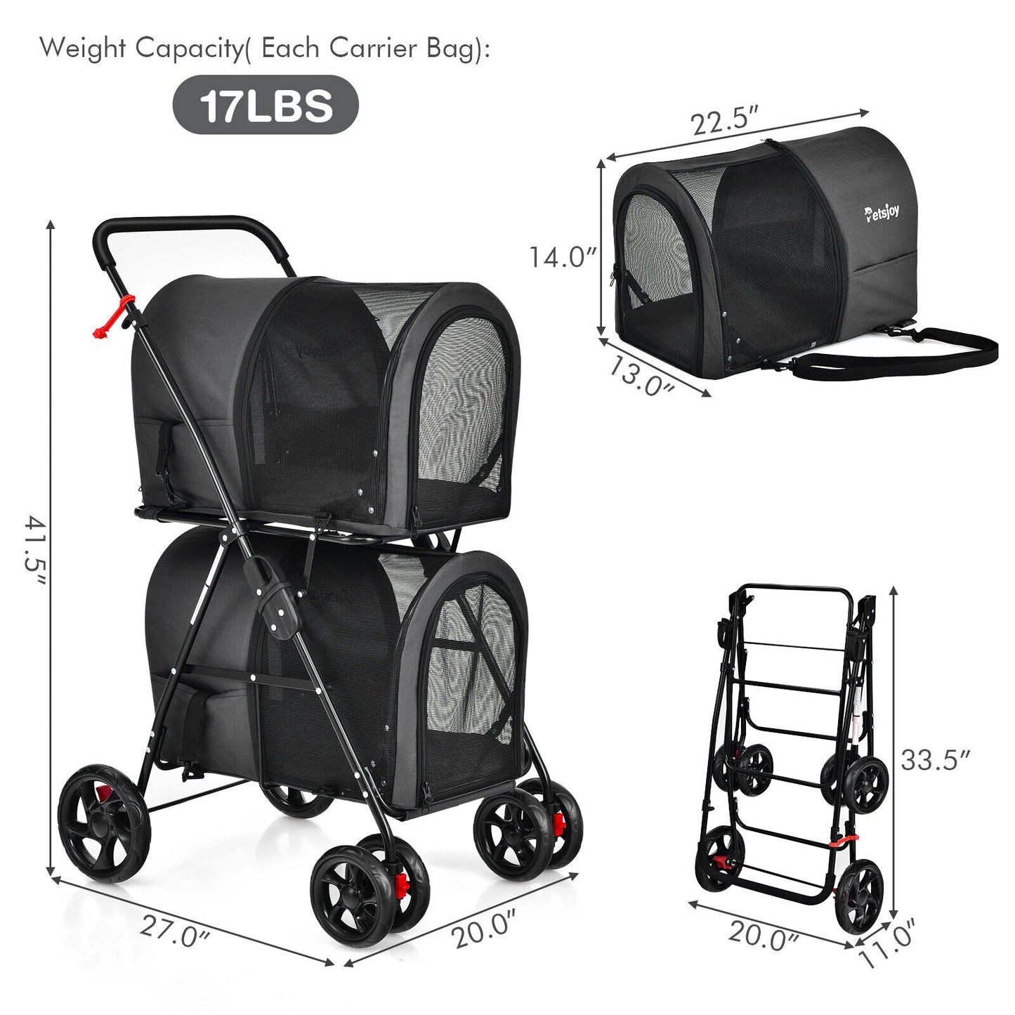 Carrito para Mascotas Doble 4 en 1 con Transportín Desmontable - Negro