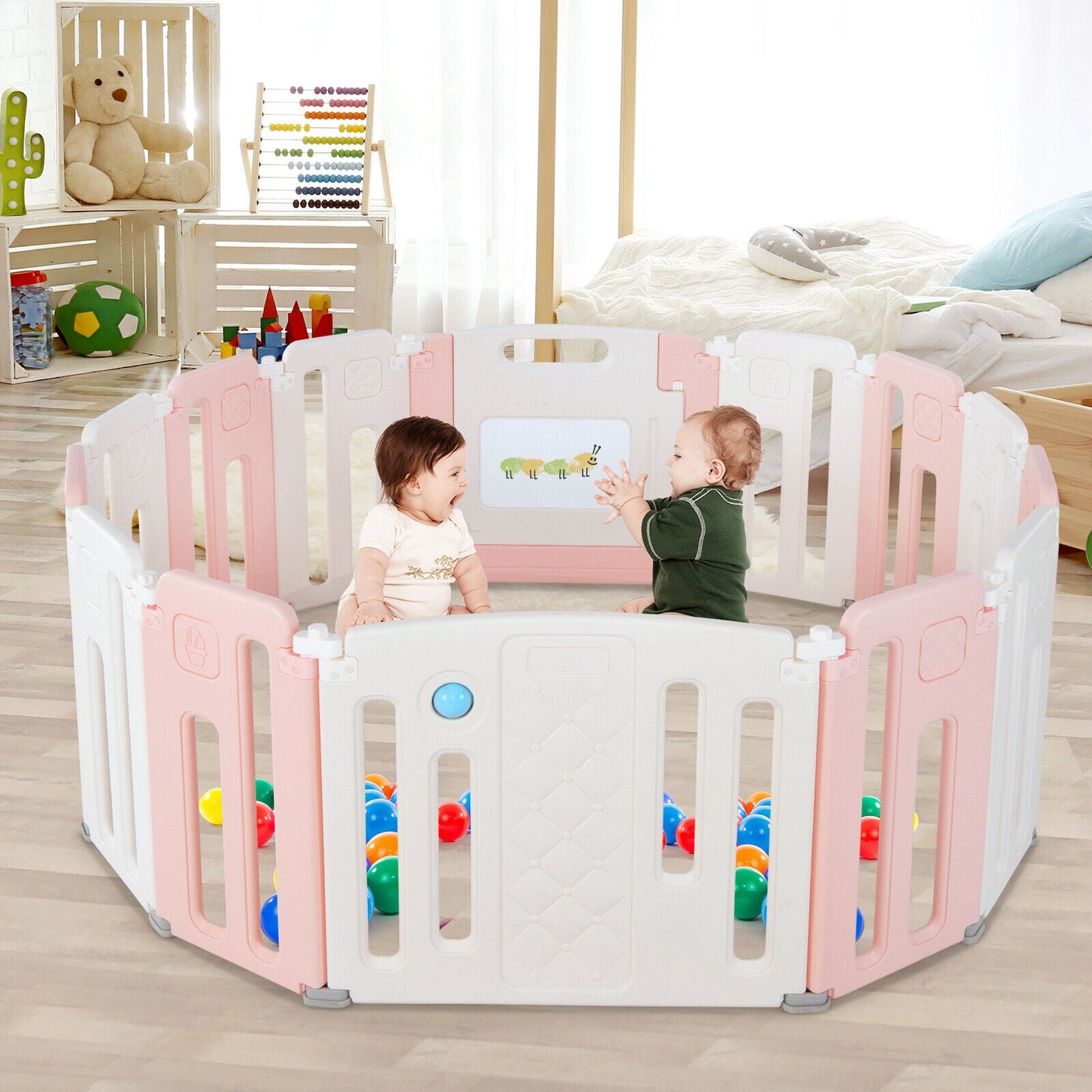 14 Panels Kids Safety Activity Play Center with Drawing Board - Pink