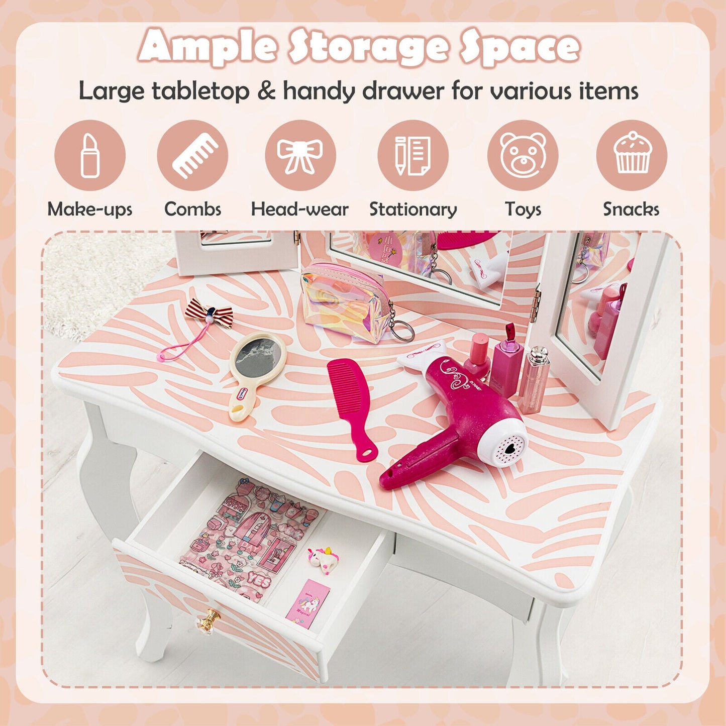 Ensemble de coiffeuse pour enfants 2-en-1 avec miroir pliant - Rose