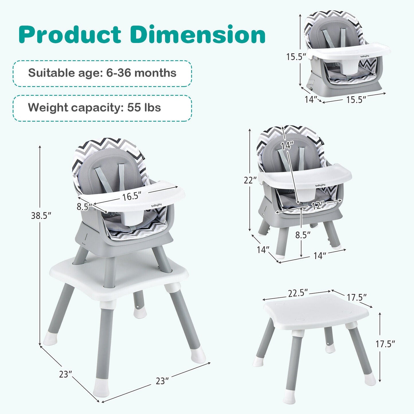 Chaise haute convertible 6-en-1 pour bébé - Gris et blanc