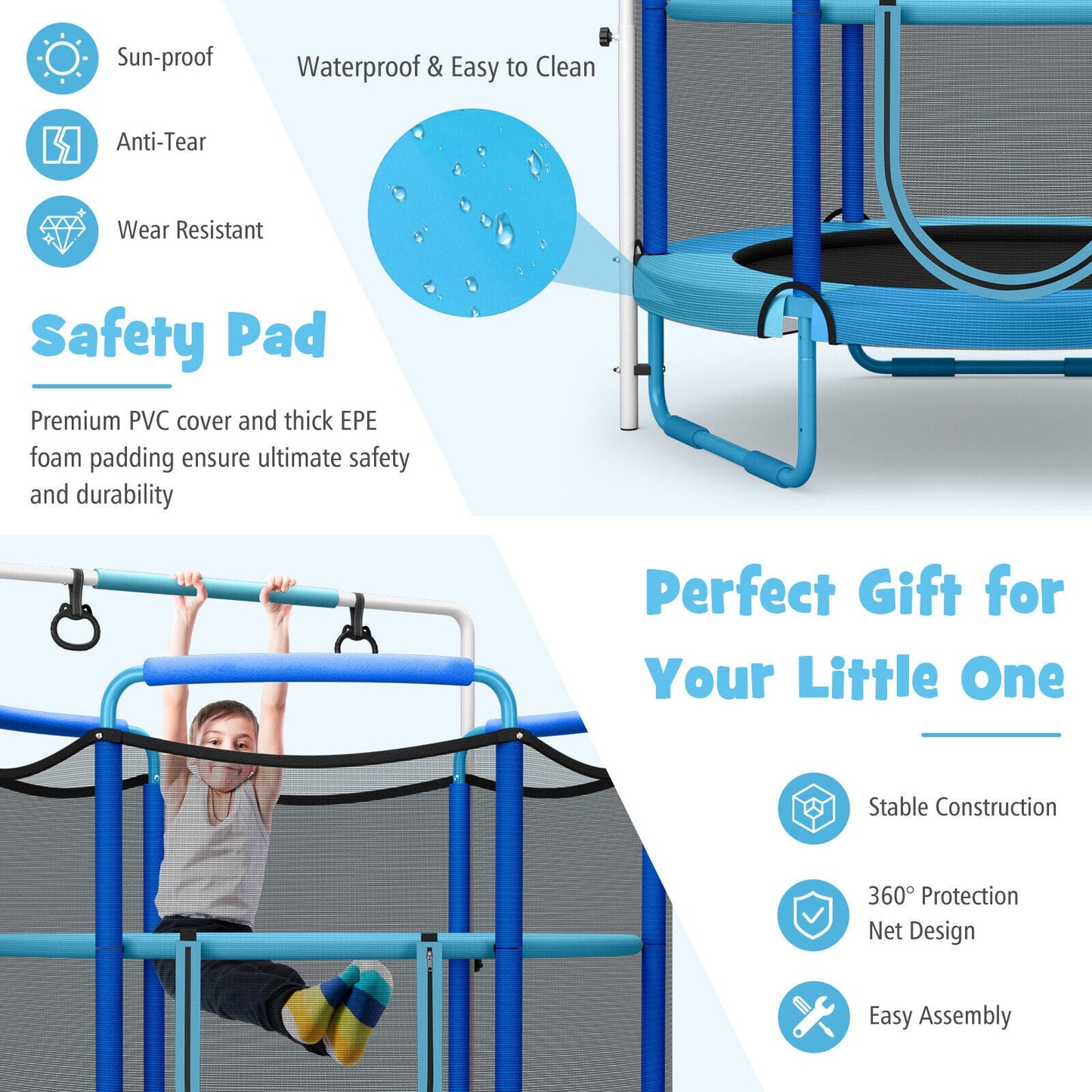 Trampoline de jeu 3-en-1 pour enfants de 1,5 m avec filet de sécurité - Bleu