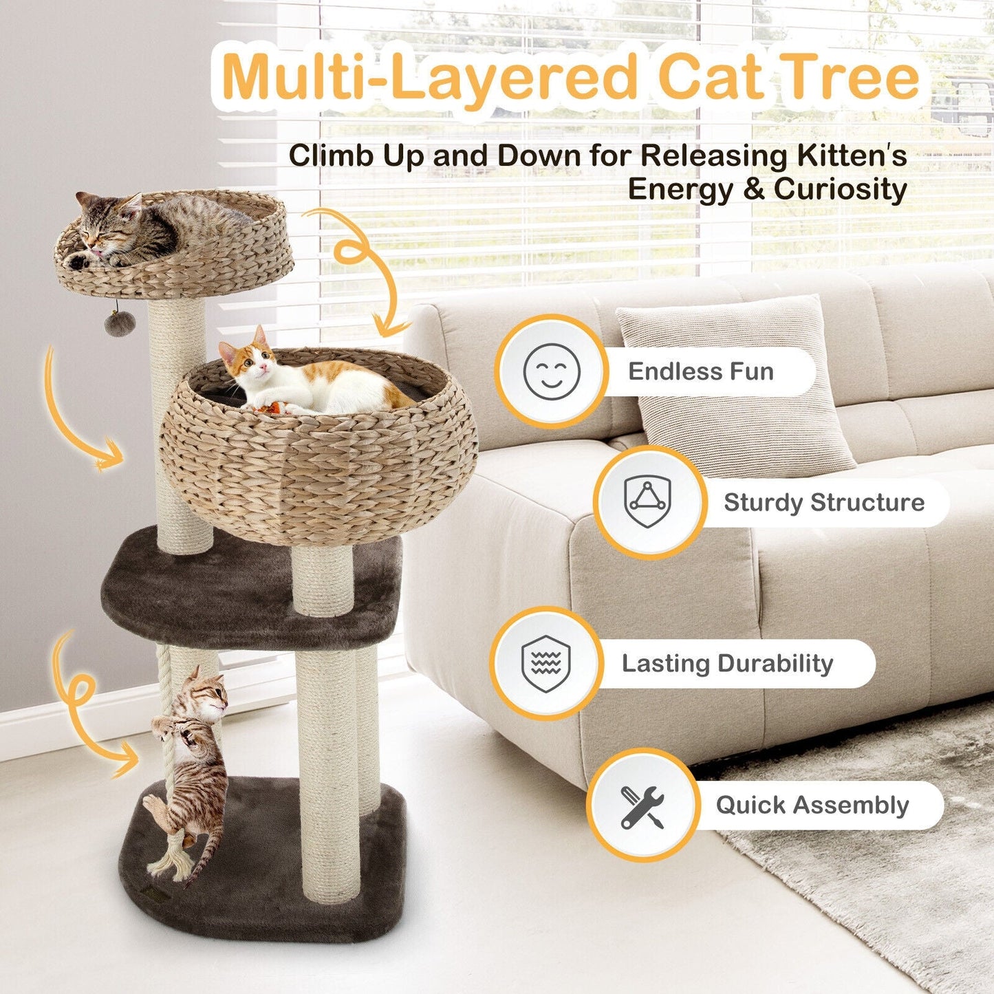 41 Inch Rattan Cat Tree with Napping Perch - Brown