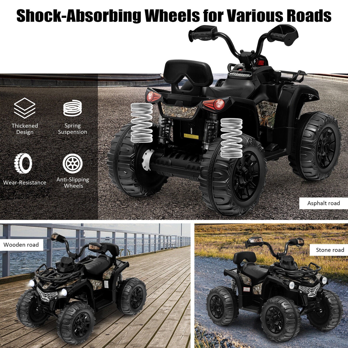 12V Kids Ride On ATV 4 Wheeler with MP3 and Headlights - Black