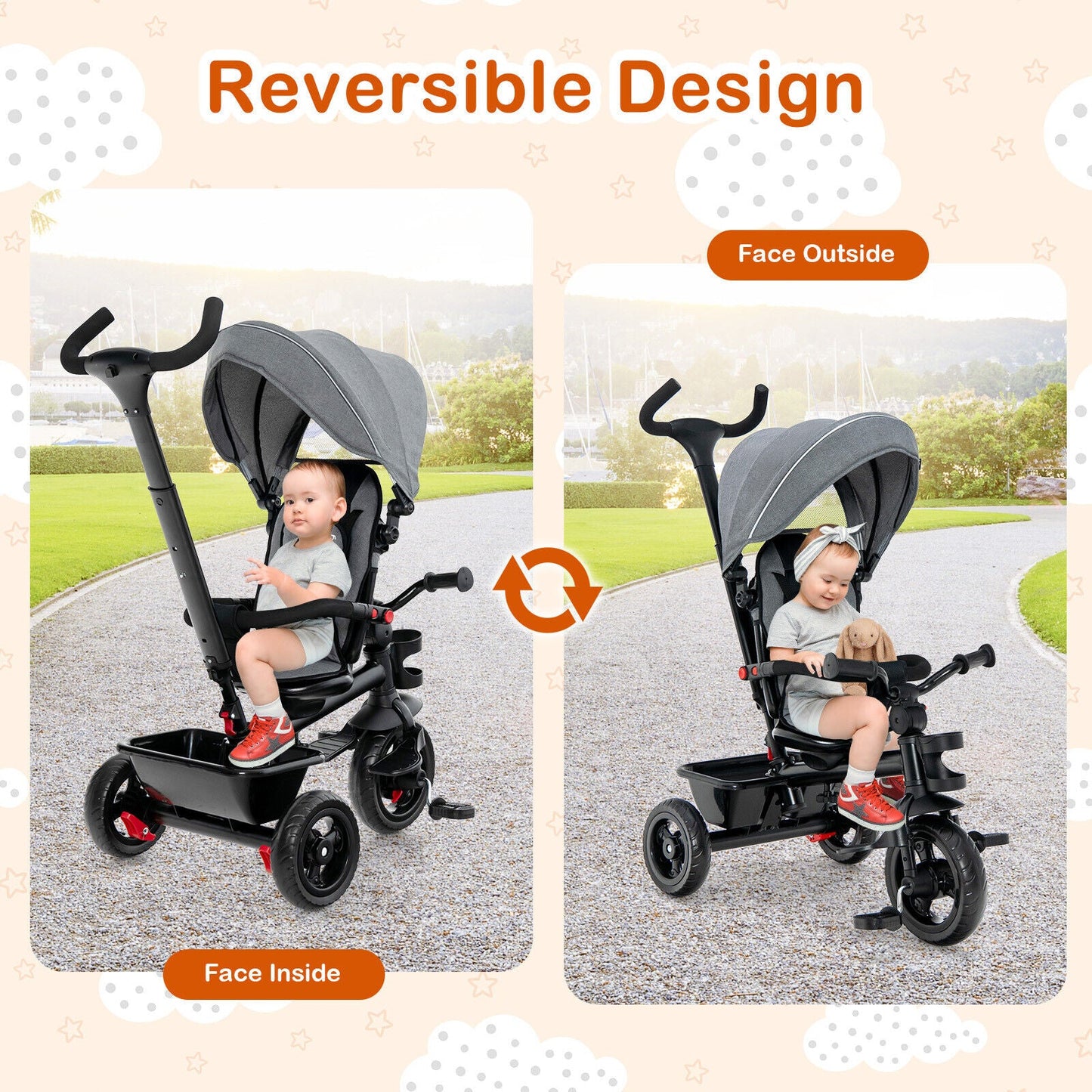 4-in-1 Baby Tricycle Toddler Trike - Gray
