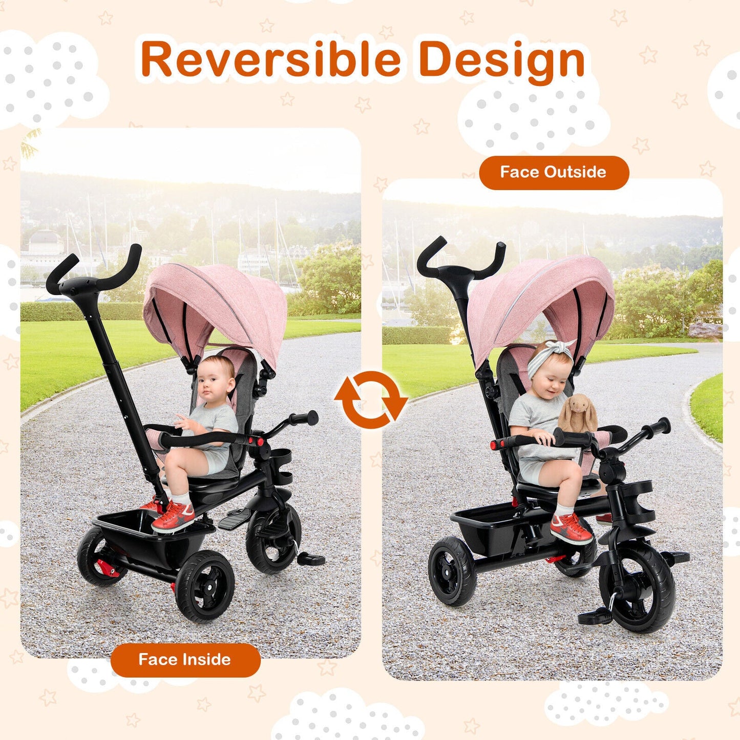 4-in-1 Baby Tricycle Toddler Trike - Pink