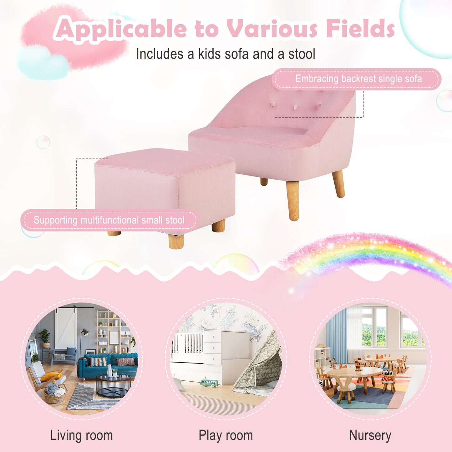 Soft Velvet Kids Sofa Chair with Ottoman - Pink