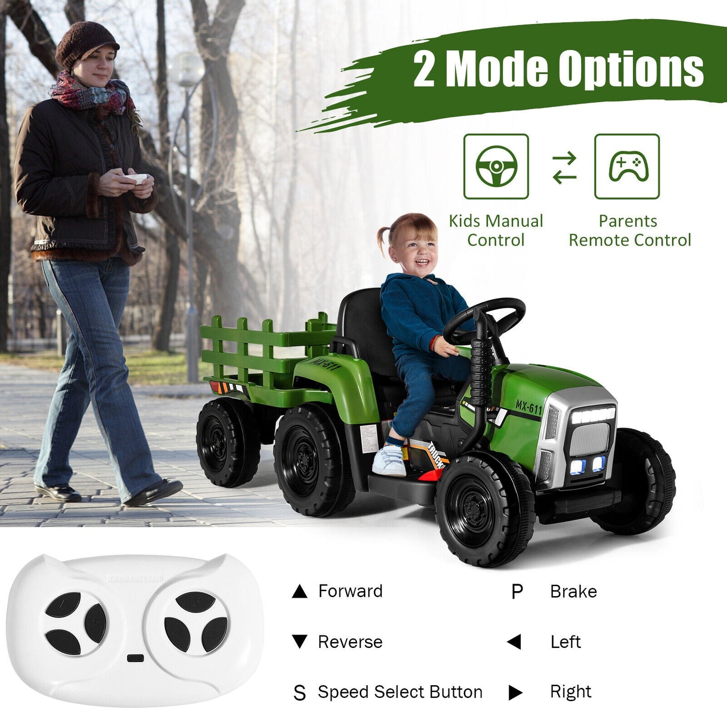 Tractor Eléctrico de 12V con Cargador para Niños de 3 Años en Adelante - Verde Oscuro