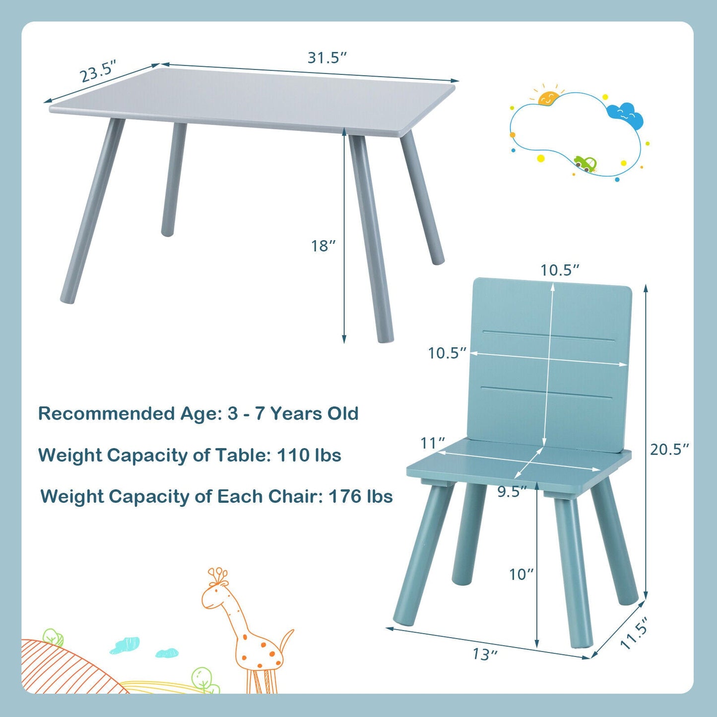 5-Piece Kids Wooden Activity Play Furniture Set - Blue