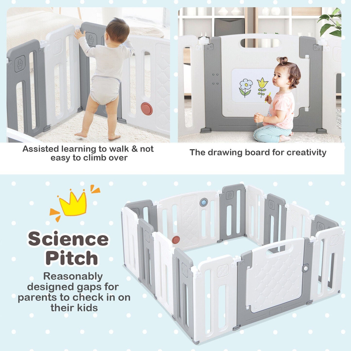 14 Panels Kids Safety Activity Play Center with Drawing Board - Gray