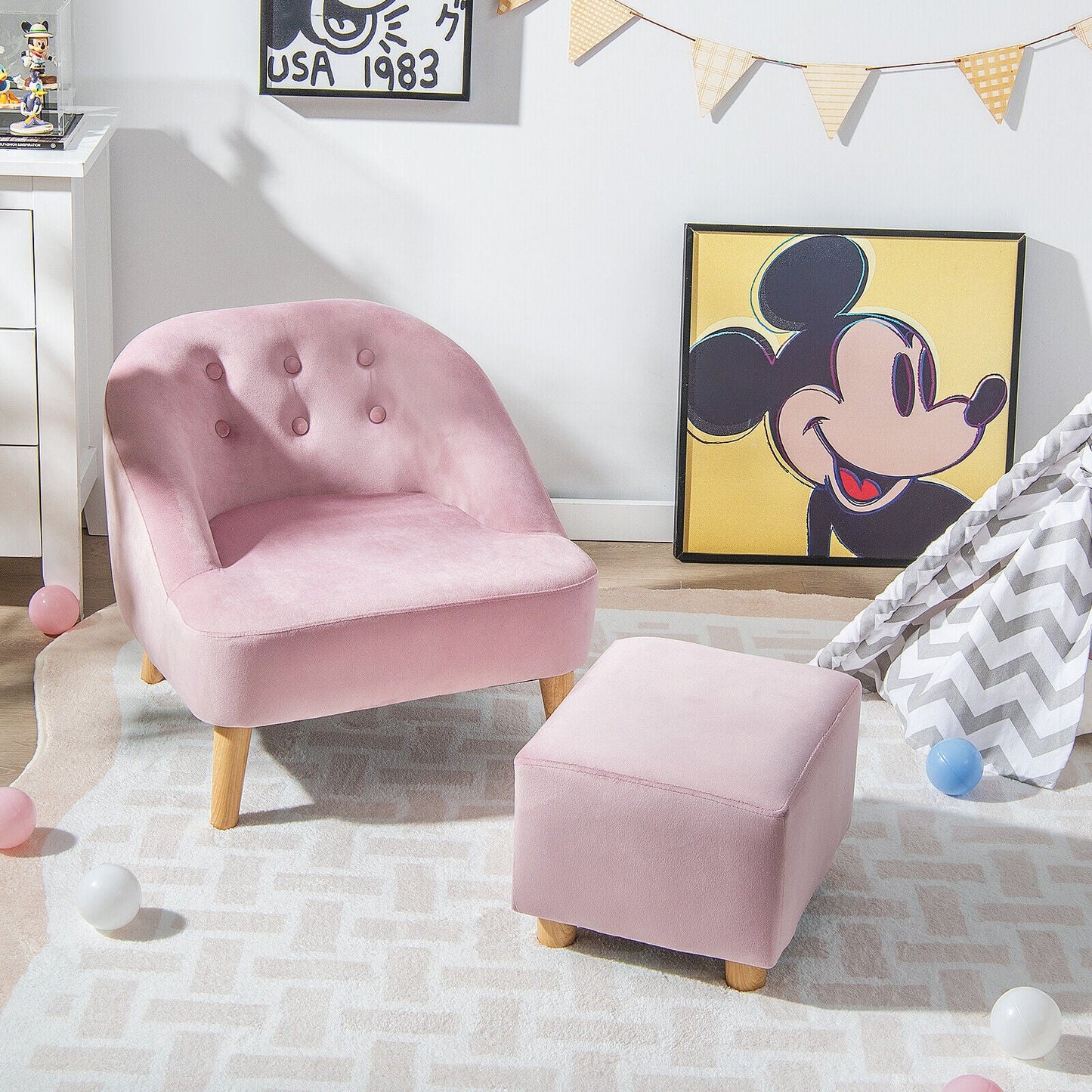 Soft Velvet Kids Sofa Chair with Ottoman - Pink