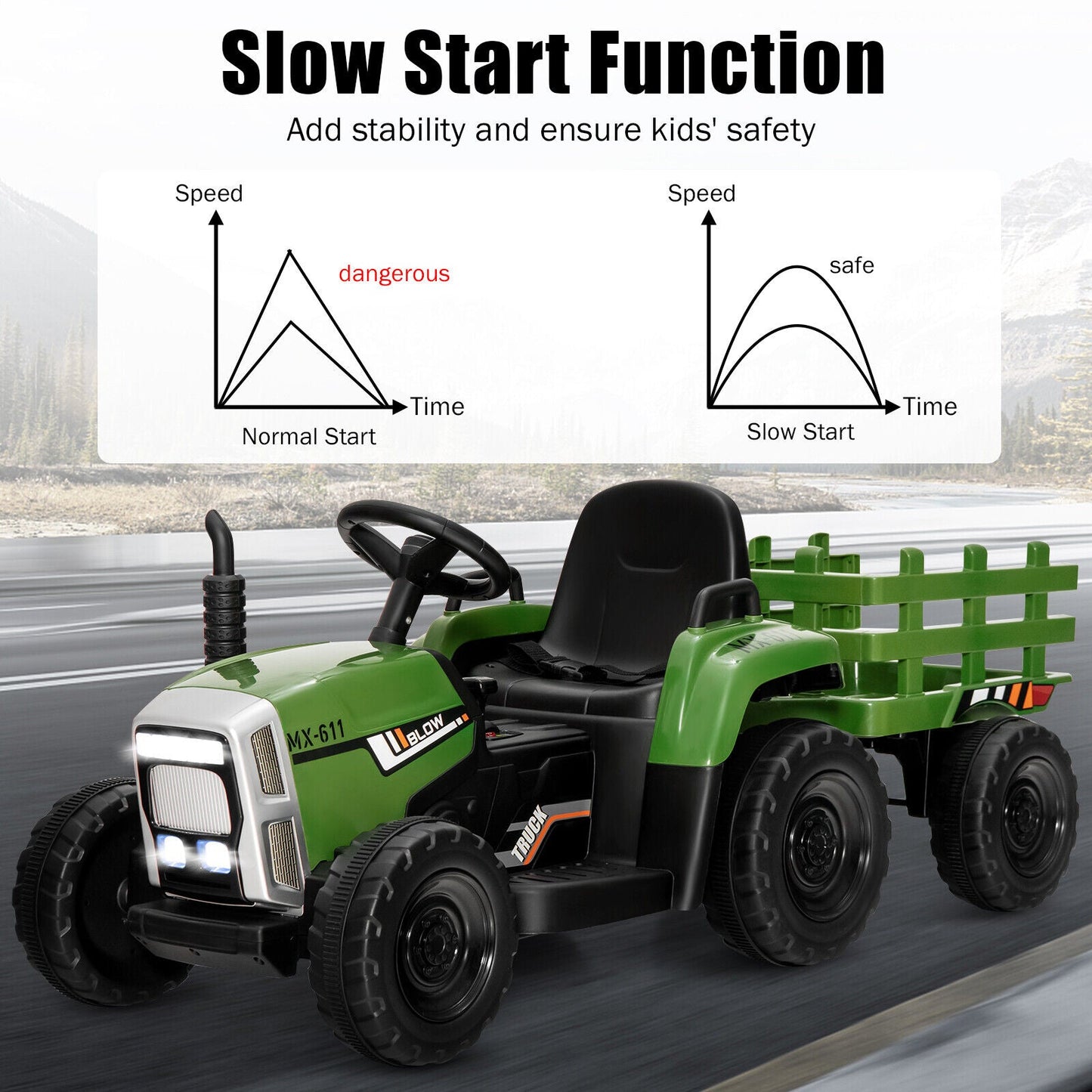 Tractor Eléctrico de 12V con Cargador para Niños de 3 Años en Adelante - Verde Oscuro