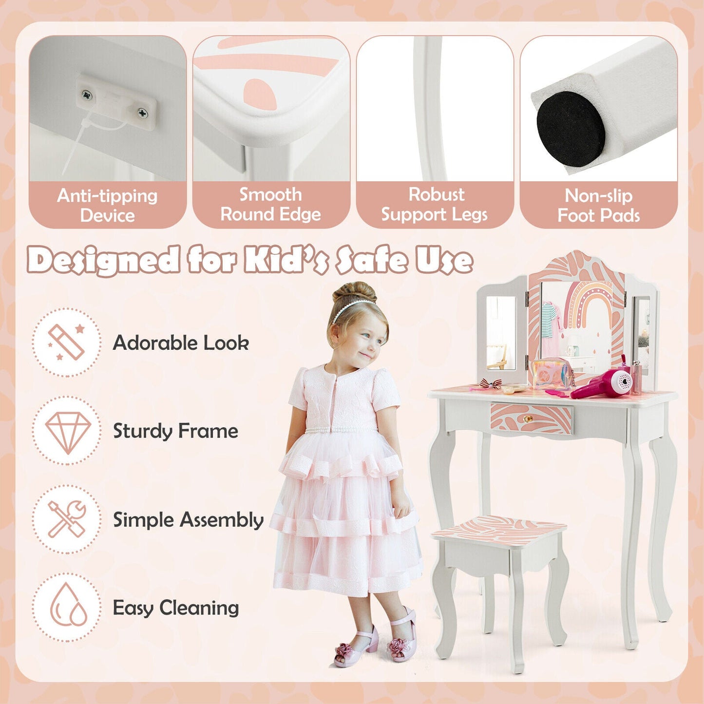 Ensemble de coiffeuse pour enfants 2-en-1 avec miroir pliant - Rose