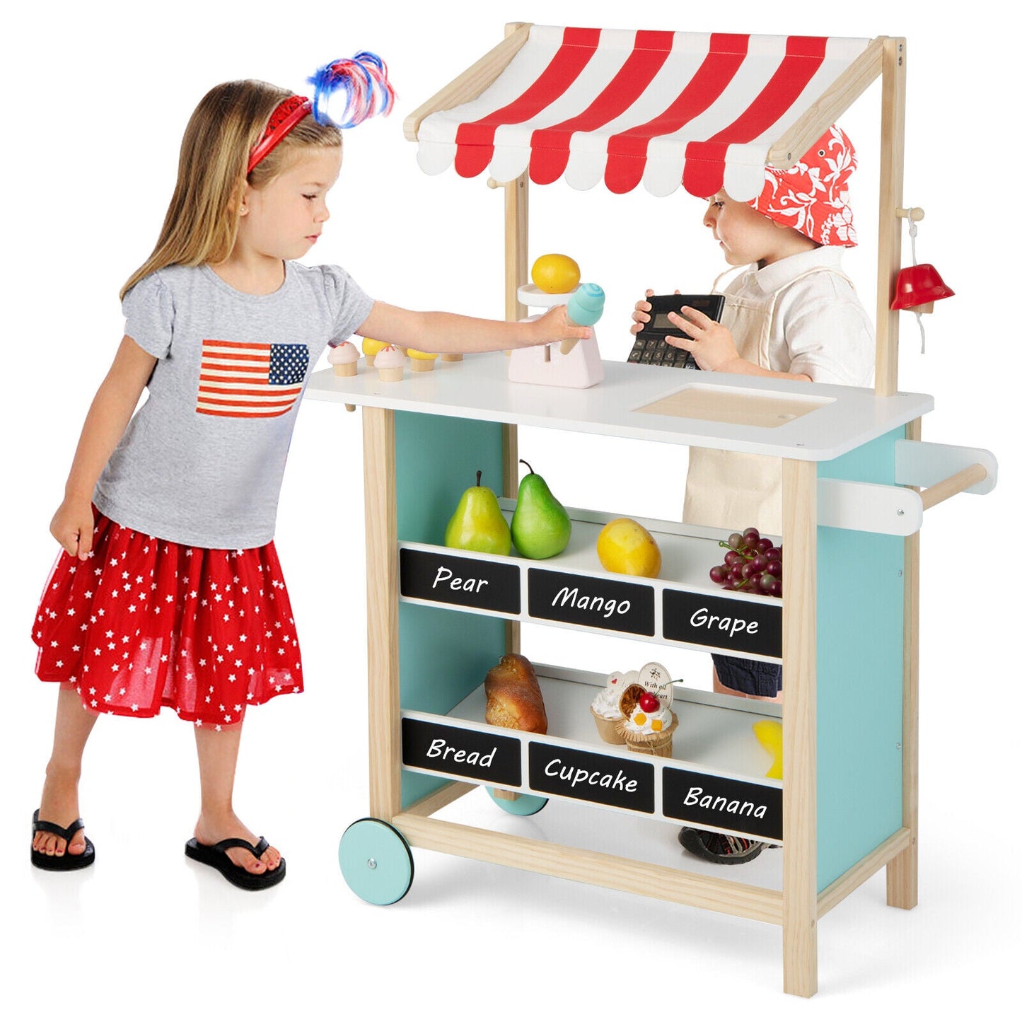 Kids Wooden Ice Cream Cart with Chalkboard and Storage - Red