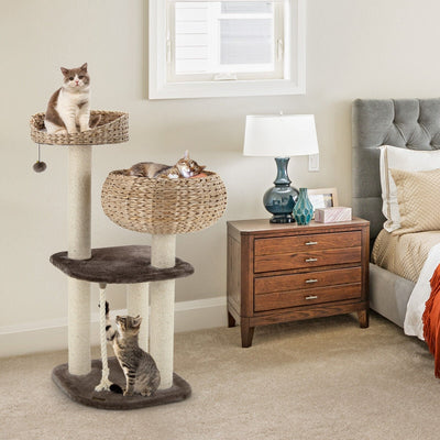 Árbol para Gatos de Ratan de 41 Pulgadas con Perchero para Dormir - Marrón
