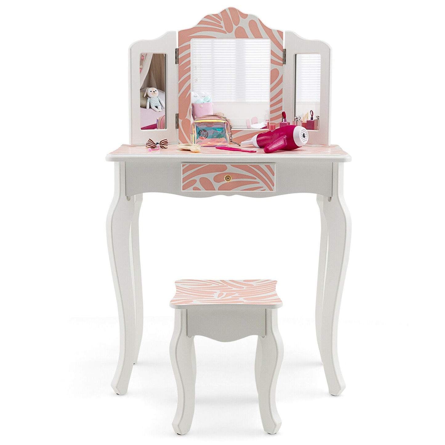 Ensemble de coiffeuse pour enfants 2-en-1 avec miroir pliant - Rose