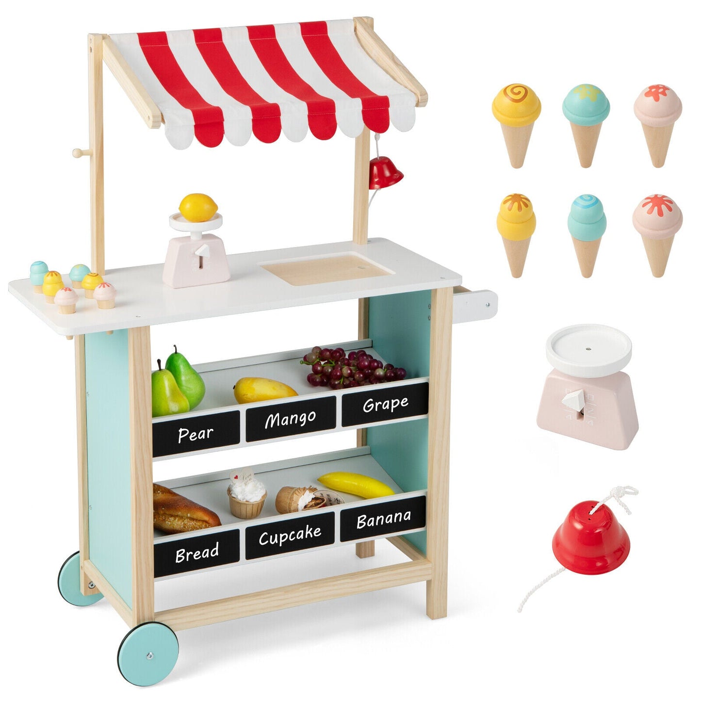 Kids Wooden Ice Cream Cart with Chalkboard and Storage - Red