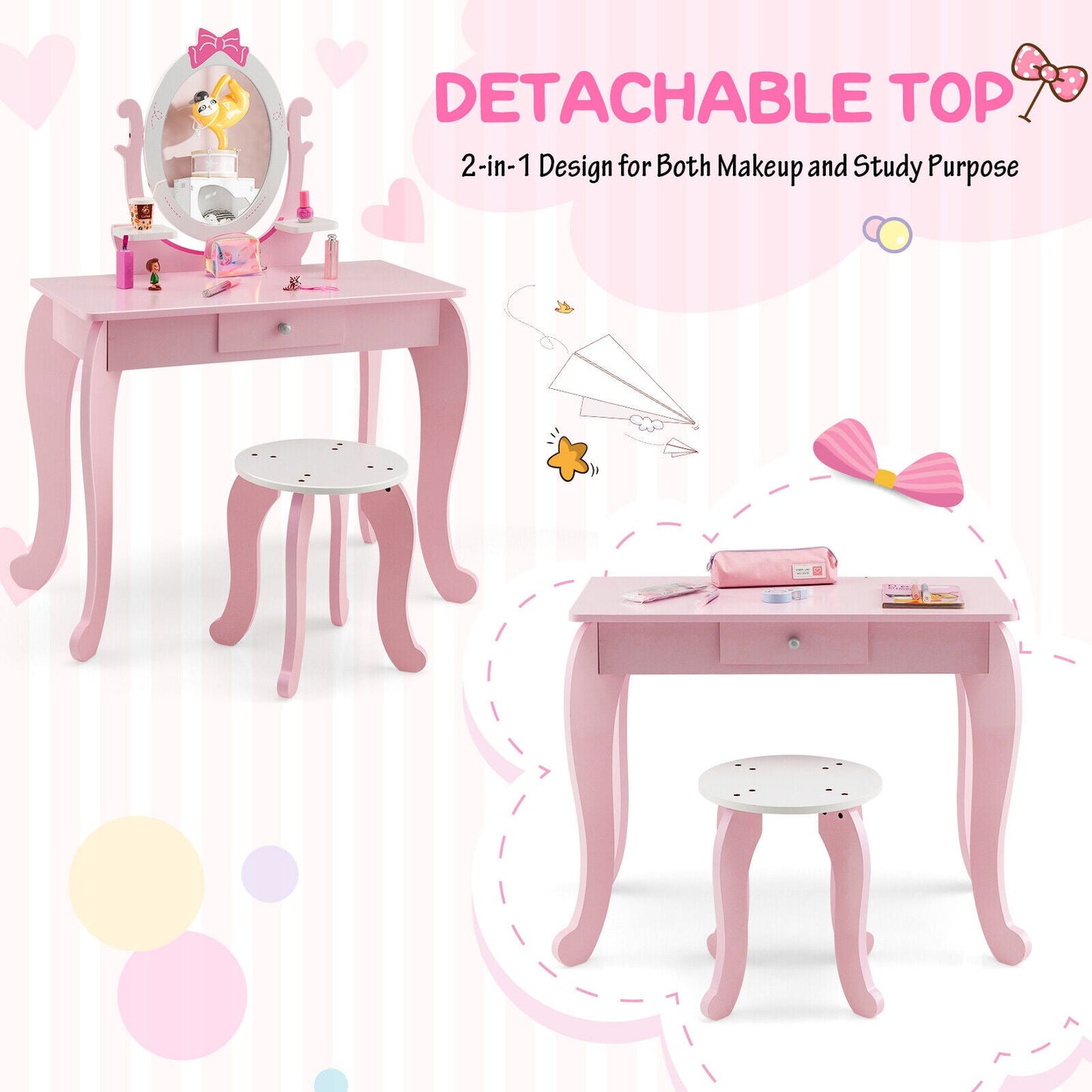 Conjunto de Mesa de Tocador y Taburete para Niños con Espejo Rotatorio - Rosa