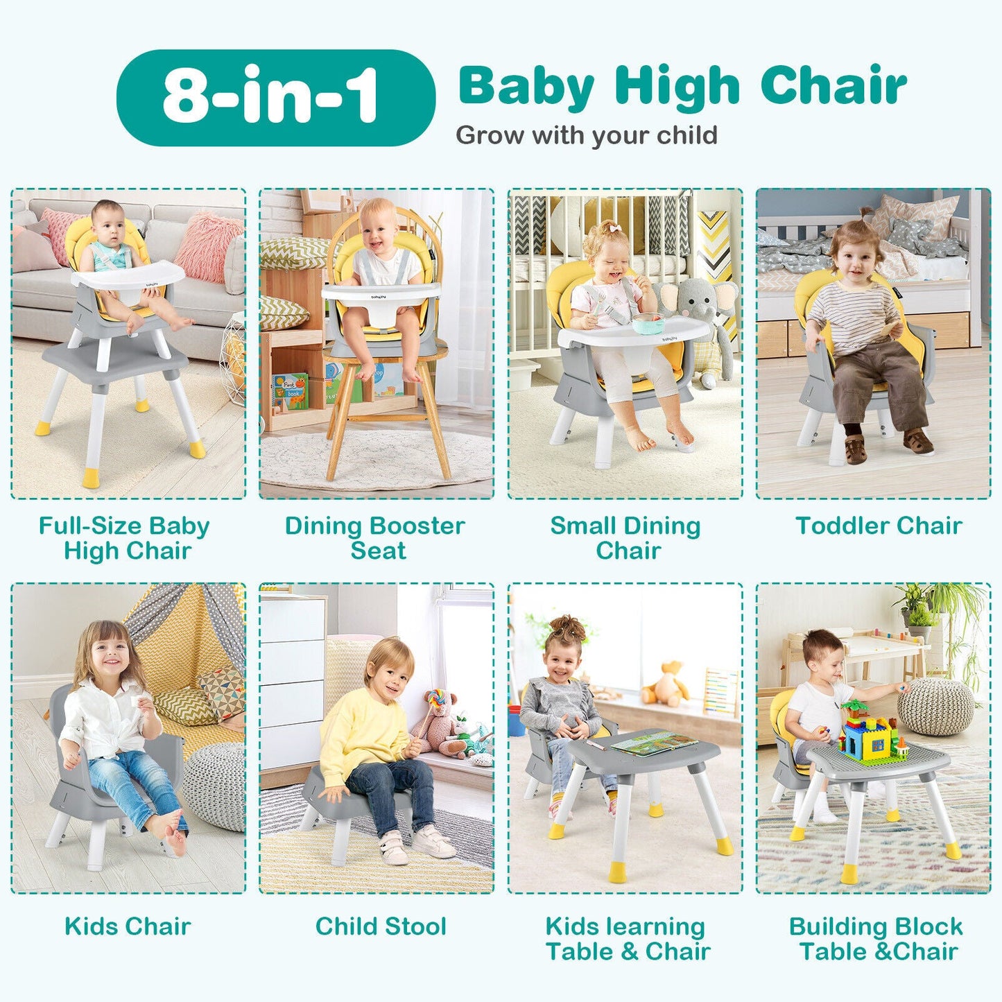 Chaise haute convertible 6-en-1 pour bébé - Jaune
